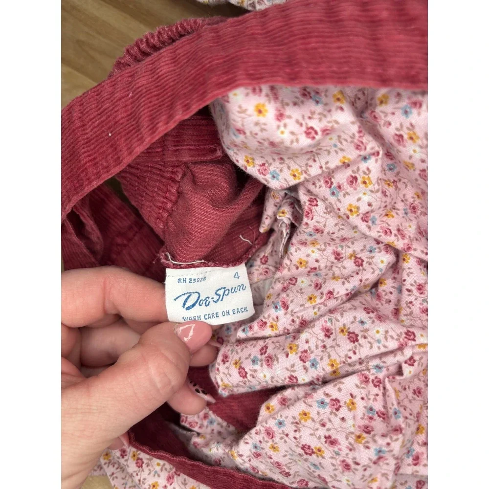Vintage Doe Spun Girls 4‎ Corduroy Overalls Floral Blouse Set Burgundy Pink USA